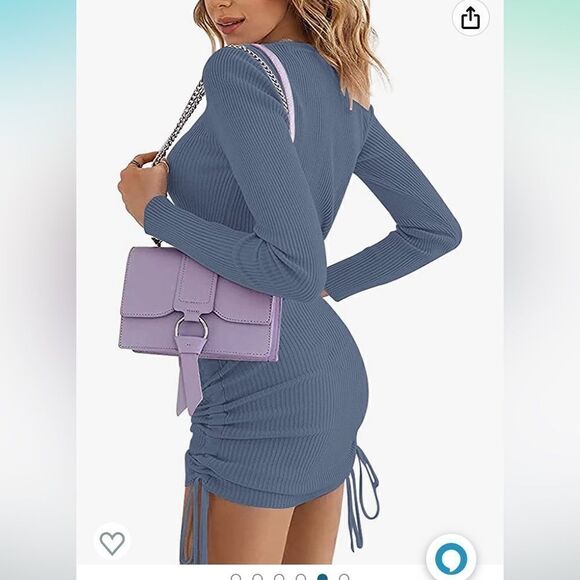 NENONA Ruched Midi Dress Long Sleeve Side Drawstring Ribbed Knit Bodycon Dress - Picture 8 of 11